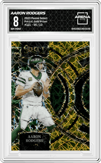 Aaron Rodgers from the 2023 Panini Select set featuring a Gold Prizm parallel graded by Arena Club and given an overall grade of 8.