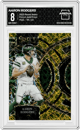 Aaron Rodgers from the 2023 Panini Select set featuring a Gold Prizm parallel graded by Arena Club and given an overall grade of 8.