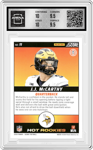 J.J. McCarthy from the 2024 Panini Score set featuring a First Down parallel graded by Arena Club and given an overall grade of 10.