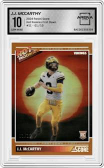 J.J. McCarthy from the 2024 Panini Score set featuring a First Down parallel graded by Arena Club and given an overall grade of 10.