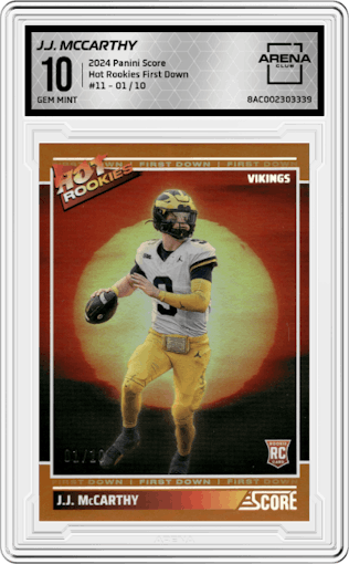 J.J. McCarthy from the 2024 Panini Score set featuring a First Down parallel graded by Arena Club and given an overall grade of 10.