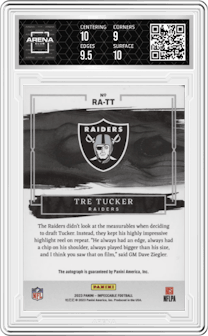 Tre Tucker from the 2023 Panini Impeccable set featuring a Gold parallel graded by Arena Club and given an overall grade of 9.5.