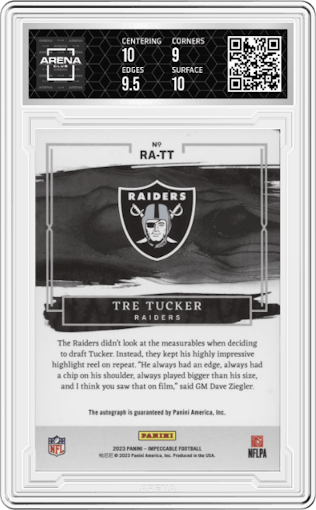 Tre Tucker from the 2023 Panini Impeccable set featuring a Gold parallel graded by Arena Club and given an overall grade of 9.5.