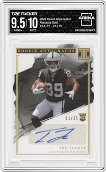 Tre Tucker from the 2023 Panini Impeccable set featuring a Gold parallel graded by Arena Club and given an overall grade of 9.5.