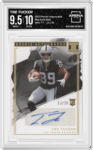 Tre Tucker from the 2023 Panini Impeccable set featuring a Gold parallel graded by Arena Club and given an overall grade of 9.5.