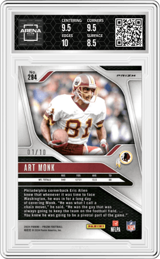 Art Monk from the 2024 Panini Prizm set featuring a Gold Shimmer parallel graded by Arena Club and given an overall grade of 9.