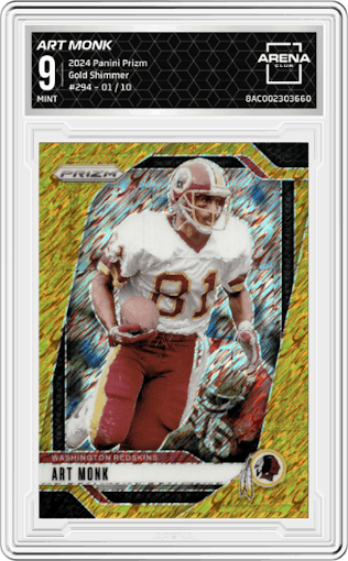Art Monk from the 2024 Panini Prizm set featuring a Gold Shimmer parallel graded by Arena Club and given an overall grade of 9.