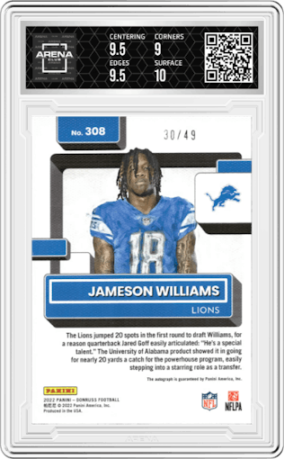 Jameson Williams from the 2022 Panini Donruss set graded by Arena Club and given an overall grade of 9.5.