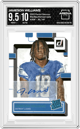 Jameson Williams from the 2022 Panini Donruss set graded by Arena Club and given an overall grade of 9.5.