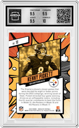 Kenny Pickett from the 2023 Panini Absolute set graded by Arena Club and given an overall grade of 10.