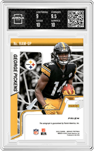 George Pickens from the 2022 Panini Mosaic set featuring a Choice Fusion Red and Yellow parallel graded by Arena Club and given an overall grade of 9.5.