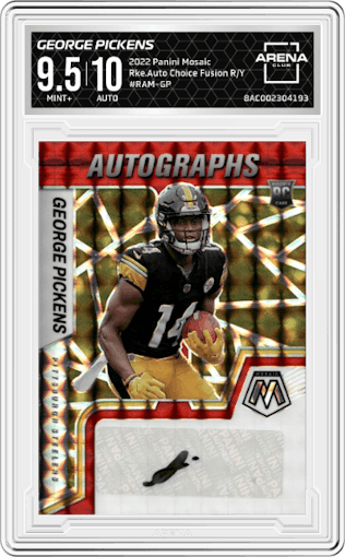 George Pickens from the 2022 Panini Mosaic set featuring a Choice Fusion Red and Yellow parallel graded by Arena Club and given an overall grade of 9.5.
