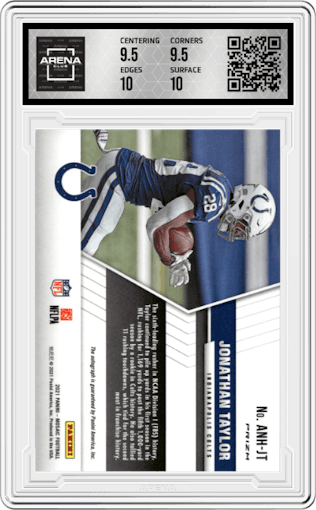 Jonathan Taylor from the 2021 Panini Mosaic set graded by Arena Club and given an overall grade of 10.