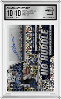 Jonathan Taylor from the 2021 Panini Mosaic set graded by Arena Club and given an overall grade of 10.