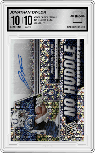 Jonathan Taylor from the 2021 Panini Mosaic set graded by Arena Club and given an overall grade of 10.