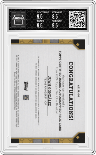 Juan Gonzalez from the 2024 Topps Tier One  set graded by Arena Club and given an overall grade of 9.
