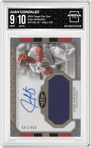 Juan Gonzalez from the 2024 Topps Tier One  set graded by Arena Club and given an overall grade of 9.