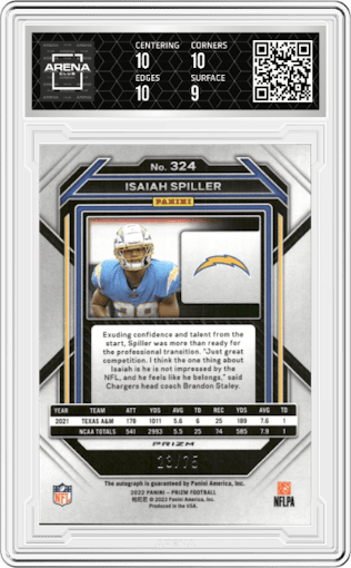 Isaiah Spiller from the 2022 Panini Prizm set featuring a Green Scope parallel graded by Arena Club and given an overall grade of 9.5.