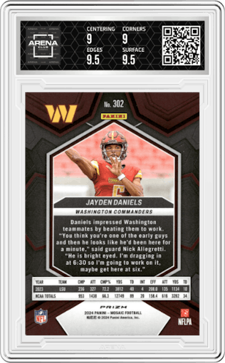Jayden Daniels from the 2024 Panini Mosaic set featuring a Red Mosaic parallel graded by Arena Club and given an overall grade of 9.5.