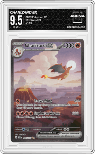 Charizard ex from the 2023 Pokemon SV set graded by Arena Club and given an overall grade of 9.5.