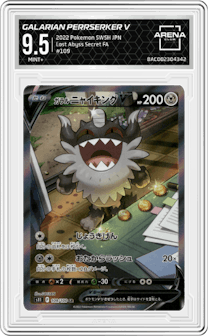 Galarian Perrserker V from the 2022 Pokemon SWSH JPN set graded by Arena Club and given an overall grade of 9.5.