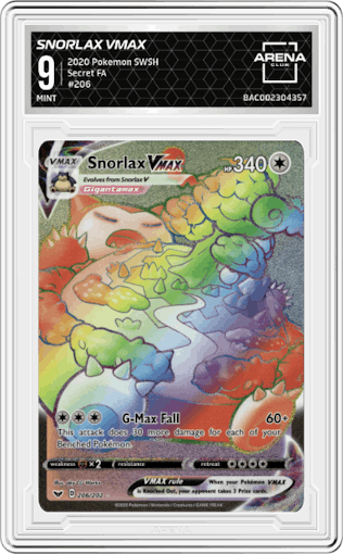 Snorlax VMAX from the 2020 Pokemon SWSH set graded by Arena Club and given an overall grade of 9.