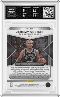 Jeremy Sochan from the 2022-23 Panini Obsidian set featuring a Electric Etch Red parallel graded by Arena Club and given an overall grade of 9.