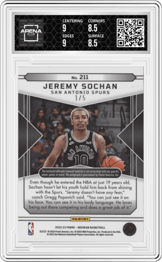 Jeremy Sochan from the 2022-23 Panini Obsidian set featuring a Electric Etch Red parallel graded by Arena Club and given an overall grade of 9.