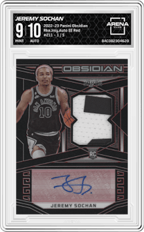 Jeremy Sochan from the 2022-23 Panini Obsidian set featuring a Electric Etch Red parallel graded by Arena Club and given an overall grade of 9.