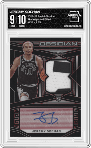 Jeremy Sochan from the 2022-23 Panini Obsidian set featuring a Electric Etch Red parallel graded by Arena Club and given an overall grade of 9.