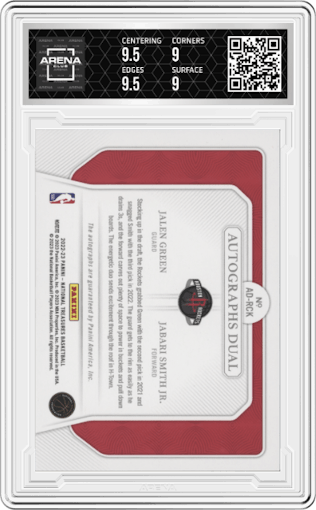 Jalen Green/Jabari Smith Jr. from the 2022-23 Panini National Treasures set graded by Arena Club and given an overall grade of 9.5.