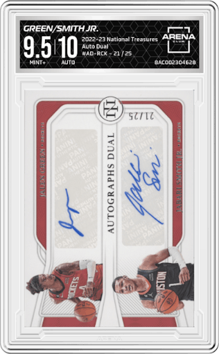 Jalen Green/Jabari Smith Jr. from the 2022-23 Panini National Treasures set graded by Arena Club and given an overall grade of 9.5.