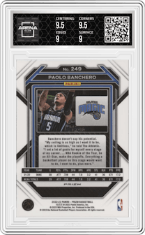 Paolo Banchero from the 2022-23 Panini Prizm  set featuring a Silver Prizm parallel graded by Arena Club and given an overall grade of 9.5.