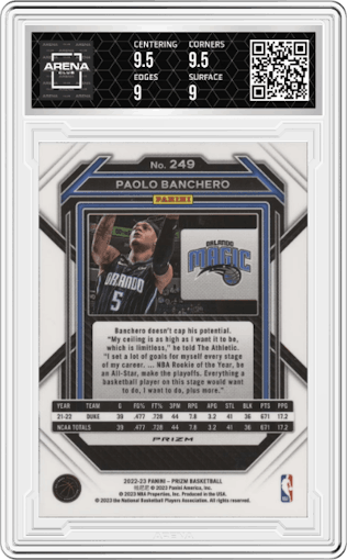 Paolo Banchero from the 2022-23 Panini Prizm  set featuring a Silver Prizm parallel graded by Arena Club and given an overall grade of 9.5.