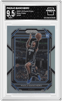 Paolo Banchero from the 2022-23 Panini Prizm  set featuring a Silver Prizm parallel graded by Arena Club and given an overall grade of 9.5.