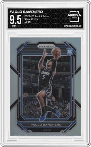 Paolo Banchero from the 2022-23 Panini Prizm  set featuring a Silver Prizm parallel graded by Arena Club and given an overall grade of 9.5.