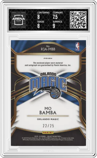 Mo Bamba from the 2018-19 Panini Select  set featuring a Tie-Dye parallel graded by Arena Club and given an overall grade of 8.