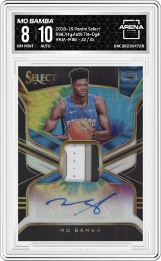 Mo Bamba from the 2018-19 Panini Select  set featuring a Tie-Dye parallel graded by Arena Club and given an overall grade of 8.