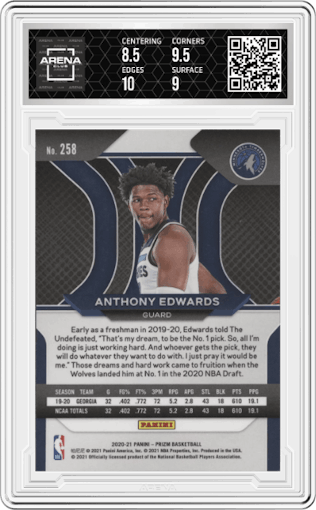 Anthony Edwards from the 2020-21 Panini Prizm set graded by Arena Club and given an overall grade of 9.