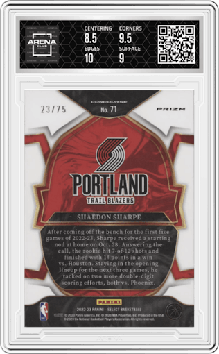 Shaedon Sharpe from the 2022-23 Panini Select set featuring a Neon Green Prizm parallel graded by Arena Club and given an overall grade of 9.