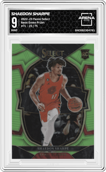 Shaedon Sharpe from the 2022-23 Panini Select set featuring a Neon Green Prizm parallel graded by Arena Club and given an overall grade of 9.