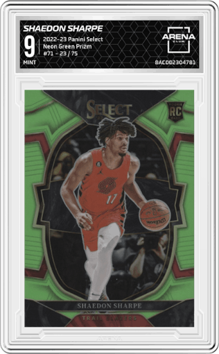 Shaedon Sharpe from the 2022-23 Panini Select set featuring a Neon Green Prizm parallel graded by Arena Club and given an overall grade of 9.
