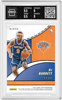 RJ Barrett from the 2020-21 Panini Revolution set graded by Arena Club and given an overall grade of 9.5.