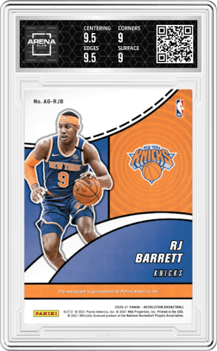 RJ Barrett from the 2020-21 Panini Revolution set graded by Arena Club and given an overall grade of 9.5.