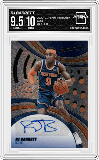 RJ Barrett from the 2020-21 Panini Revolution set graded by Arena Club and given an overall grade of 9.5.