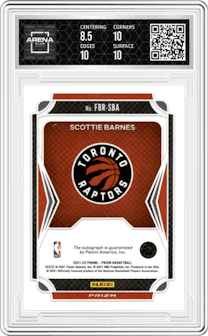 Scottie Barnes from the 2021-22 Panini Prizm  set graded by Arena Club and given an overall grade of 9.