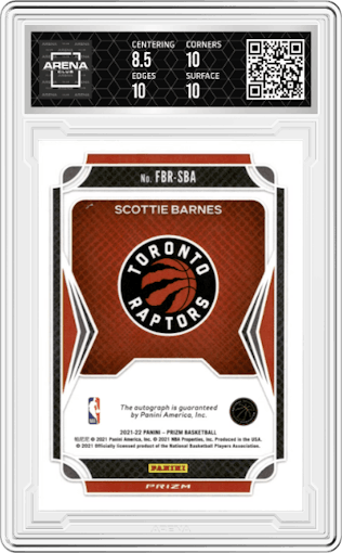 Scottie Barnes from the 2021-22 Panini Prizm  set graded by Arena Club and given an overall grade of 9.