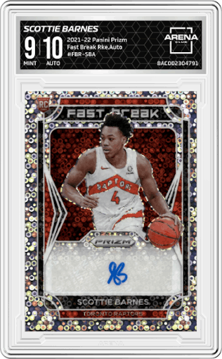 Scottie Barnes from the 2021-22 Panini Prizm  set graded by Arena Club and given an overall grade of 9.