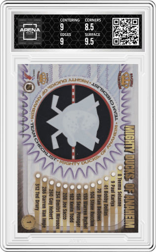 Teemu Selanne from the 1997-98 Pacific Crown Collection set graded by Arena Club and given an overall grade of 9.