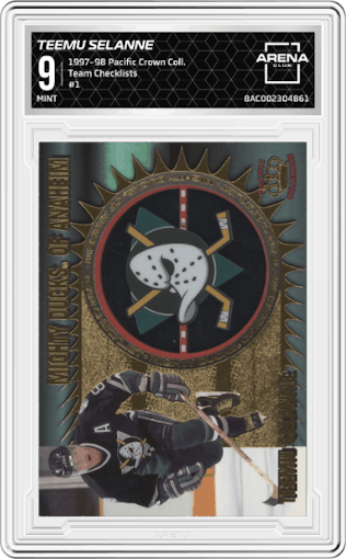 Teemu Selanne from the 1997-98 Pacific Crown Collection set graded by Arena Club and given an overall grade of 9.